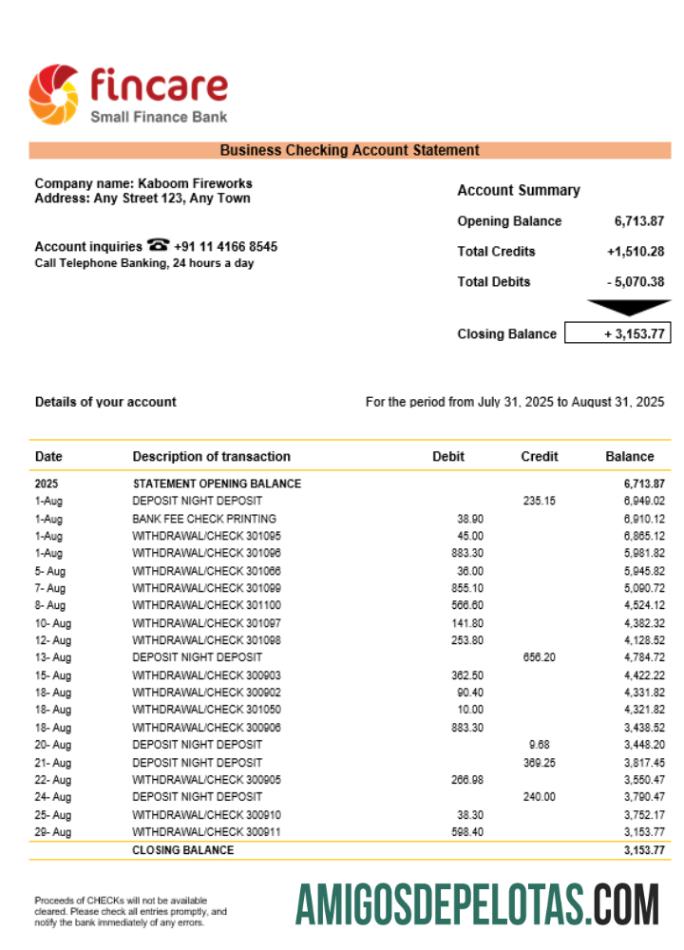 Fincare Business Firm Account Extrato bancário em formato Word e PDF exemplo real